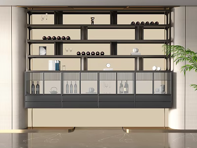 Modern Wine Cabinet With Multiple Shelves Wine Bottles Glasses And Decorative Items 3d model