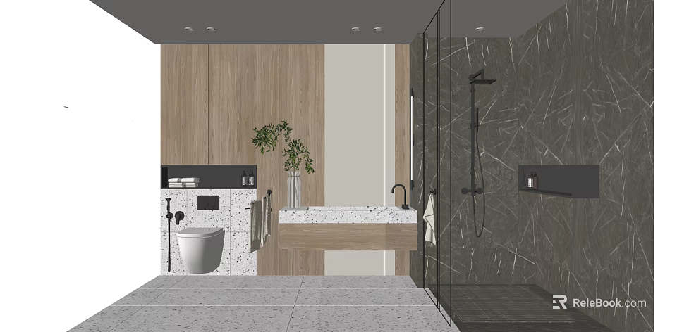 Modern Bathroom Interior Design With Wooden Wall Panels Marble Countertop Glass Shower And Potted Plant 3d model 