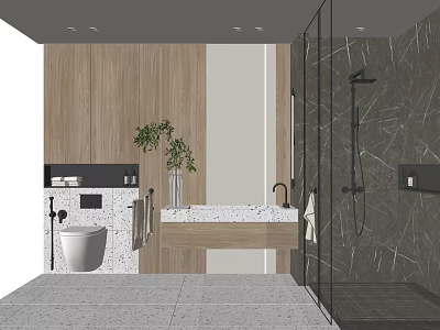 Modern Bathroom Interior Design With Wooden Wall Panels Marble Countertop Glass Shower And Potted Plant 3d model