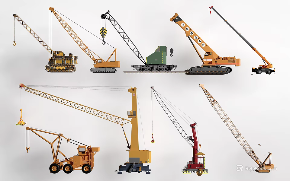 Various Construction Crane Vehicle Models with Different Lifting Mechanisms and Designs 3d model