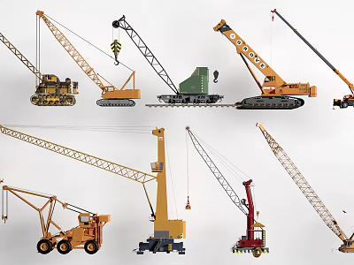 Various Construction Crane Vehicle Models with Different Lifting Mechanisms and Designs 3d model