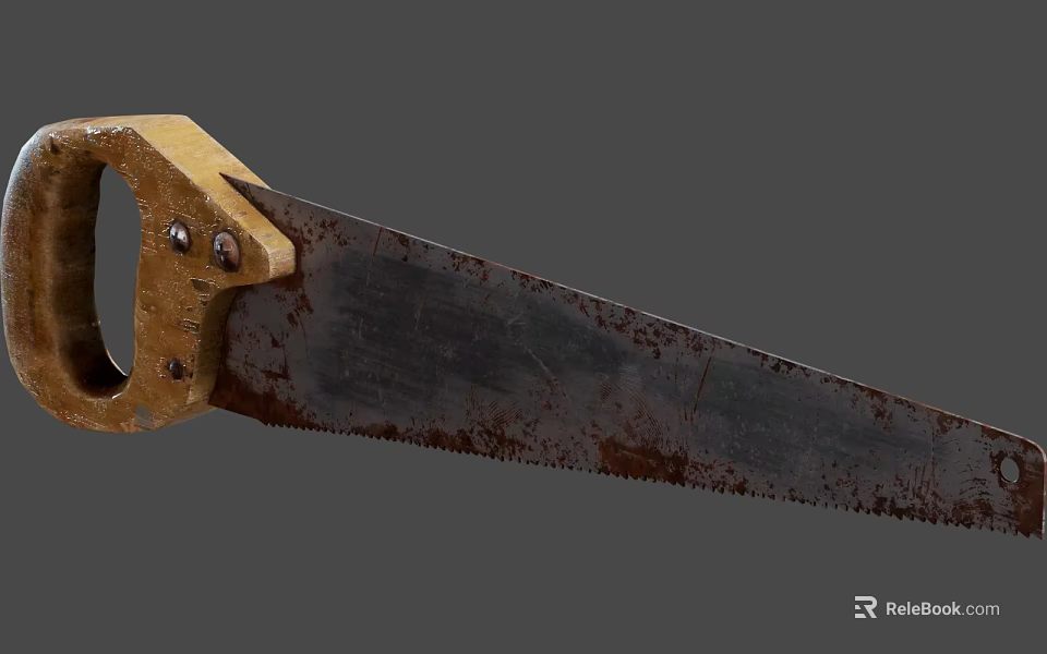 Vintage Rusty Industrial Handsaw With Metal Blade And Wooden Handle 3d model 
