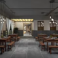 Chinese Style Restaurant Interior With Wooden Structure Chandeliers And Dining Tables