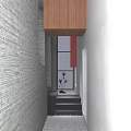 Modern Corridor With Gray Brick Wall White Wall Black Stairs And Wooden Ceiling