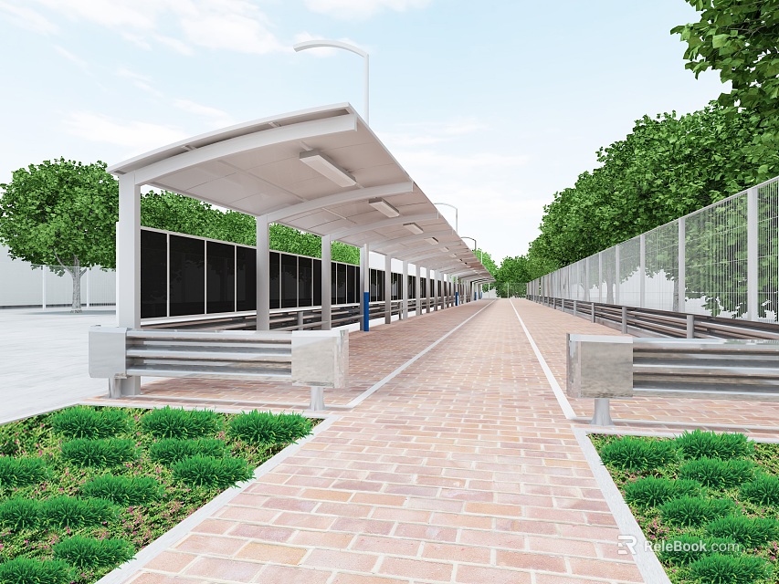Outdoor Canopy Covered Walkway With Benches Brick Path And Green Trees 3d model 