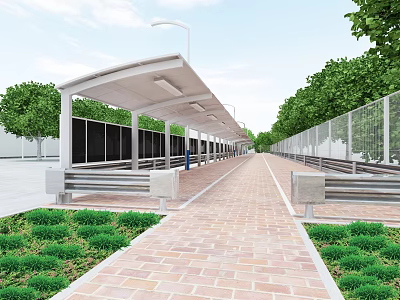Outdoor Canopy Covered Walkway With Benches Brick Path And Green Trees 3d model