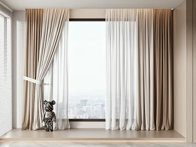 Double Layer Beige And White Curtains With Soft Fabric For Window City View Room Decor 3d model