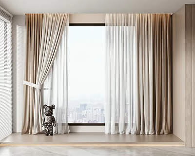 Double Layer Beige And White Curtains With Soft Fabric For Window City View Room Decor 3d model