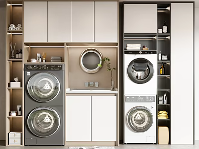 Modern Bathroom Cabinet Rack With Washing Machine Dryer And Storage Design 3d model