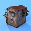 Two Story Wooden House With Red Roof Balcony And Weathered Wooden Structure