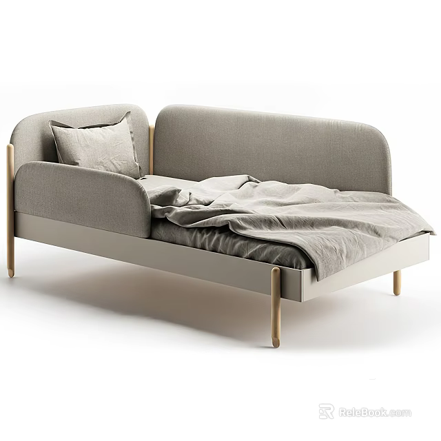 Modern Minimalist Single Bed With Upholstered Headboard Light Gray Blanket And Golden Legs 3d model 