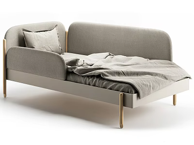 Modern Minimalist Single Bed With Upholstered Headboard Light Gray Blanket And Golden Legs 3d model