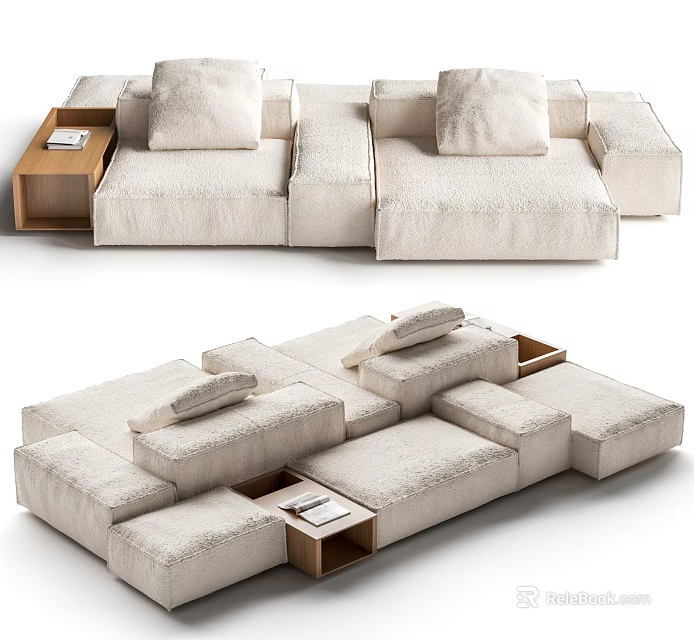 Stylish Ivory Upholstered Modular Sectional Sofa With Wooden Side Tables And Reconfigurable Fabric Sections 3d model 