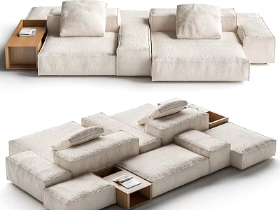 Stylish Ivory Upholstered Modular Sectional Sofa With Wooden Side Tables And Reconfigurable Fabric Sections 3d model