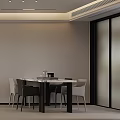 Modern Restaurant Interior With White Dining Table Chairs Cabinets And Recessed Lighting 3d model
