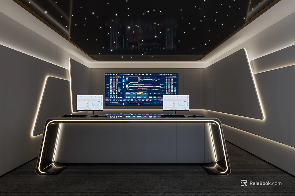 Modern Tech Control Room Interior With Large Data Display Screens Dual Monitors And LED Lighting 3d model 