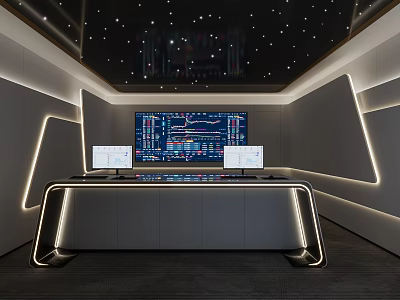 Modern Tech Control Room Interior With Large Data Display Screens Dual Monitors And LED Lighting 3d model