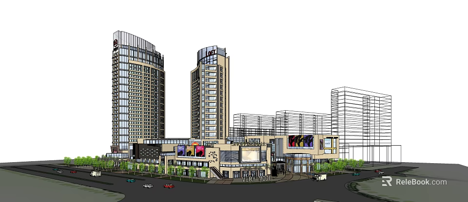 Modern Commercial Complex with Tall Buildings Retail Podium and Billboard Displays 3d model 