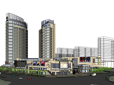 Modern Commercial Complex with Tall Buildings Retail Podium and Billboard Displays 3d model