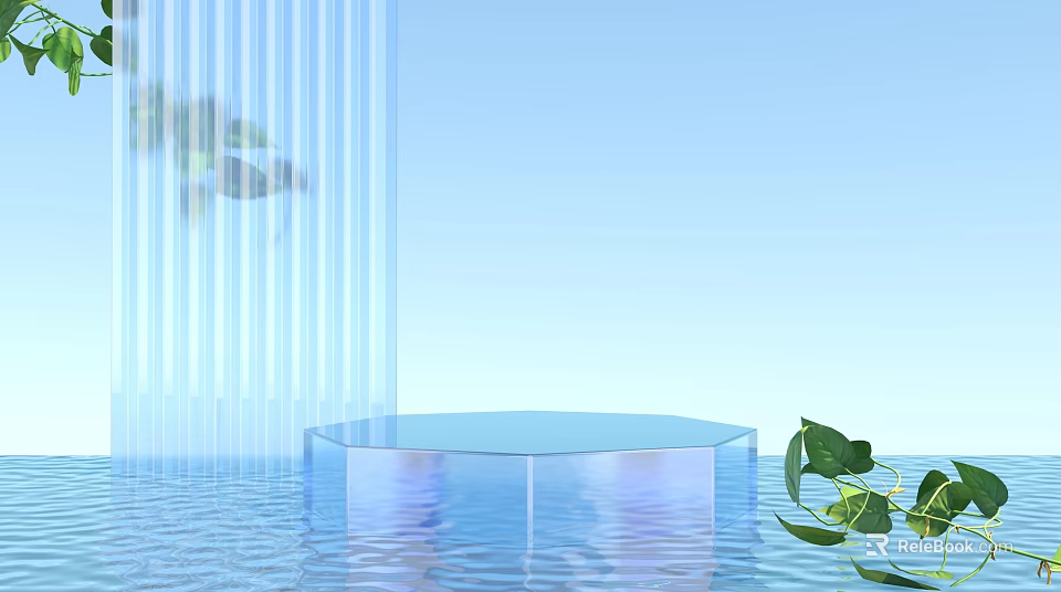 Garden Ornaments Display With Transparent Hexagon Stand Water Surface And Green Leaves 3d model 