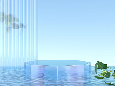 Garden Ornaments Display With Transparent Hexagon Stand Water Surface And Green Leaves 3d model