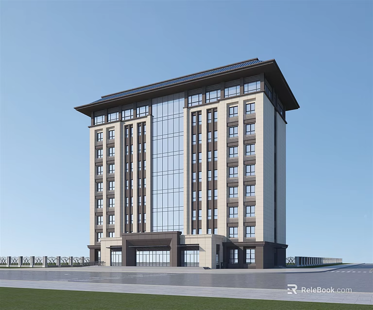 Modern Multi Story Office Building With Glass Curtain Wall And Traditional Roof Design 3d model 