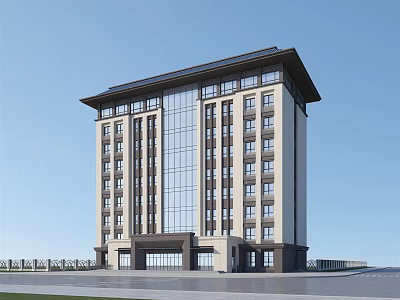 Modern Multi Story Office Building With Glass Curtain Wall And Traditional Roof Design 3d model