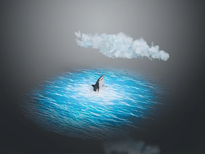 Shark Swimming In Blue Ocean Water With White Cloud Above 3d model