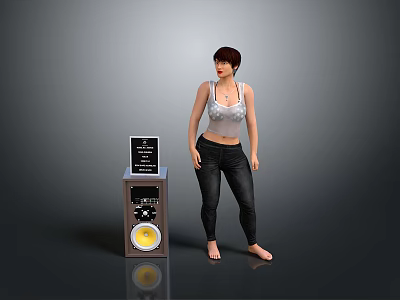 Woman Standing Next to Speaker with Display Screen and Yellow Cone 3d model