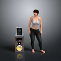 Woman Standing Next to Speaker with Display Screen and Yellow Cone
