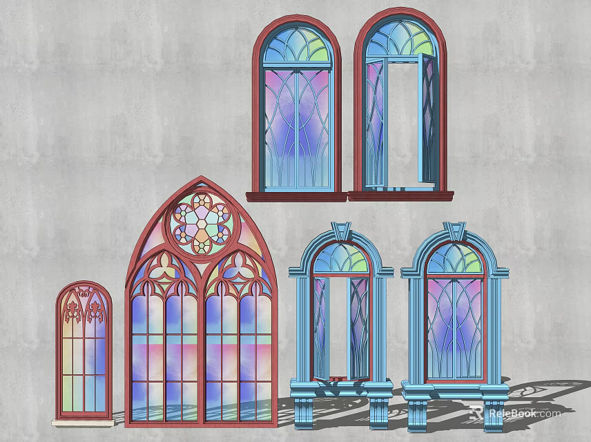 Various Style Carved Windows With Stained Glass Arched Frames And Decorative Patterns 3d model 
