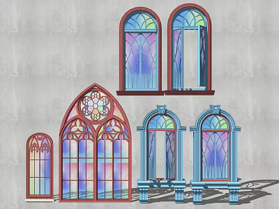 Various Style Carved Windows With Stained Glass Arched Frames And Decorative Patterns 3d model