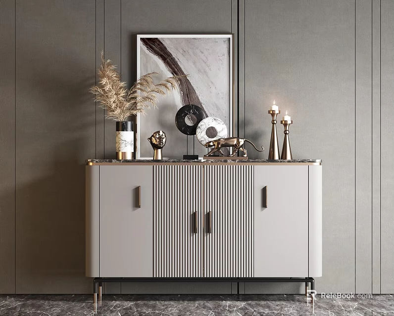 Modern Light Gray Console Cabinet Sideboard With Striped Front Metal Handles And Decorative Items 3d model 