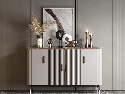 Modern Light Gray Console Cabinet Sideboard With Striped Front Metal Handles And Decorative Items 3d model