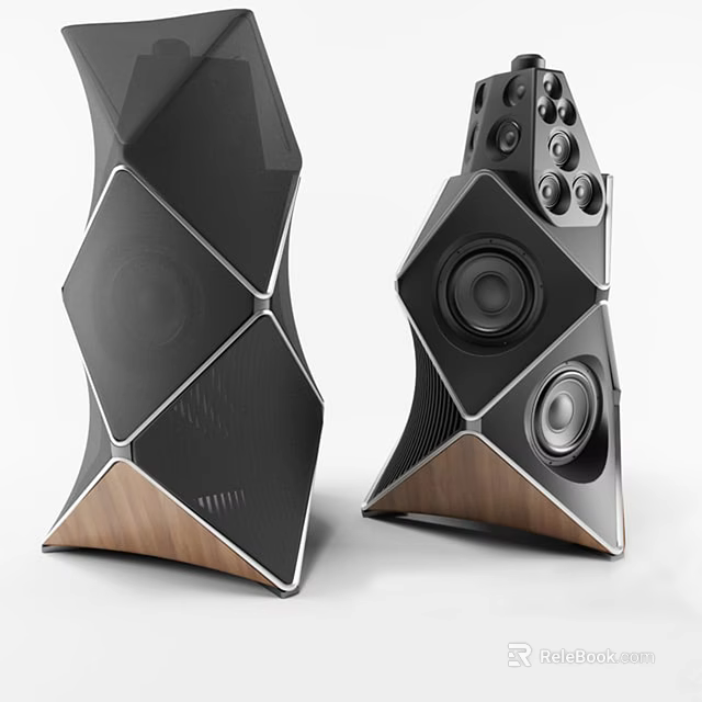 Black Geometric Design Audio Speakers With Walnut Base And Multiple Drivers 3d model 