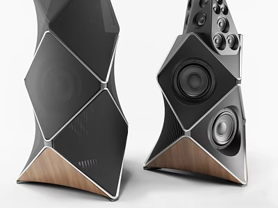 Black Geometric Design Audio Speakers With Walnut Base And Multiple Drivers 3d model