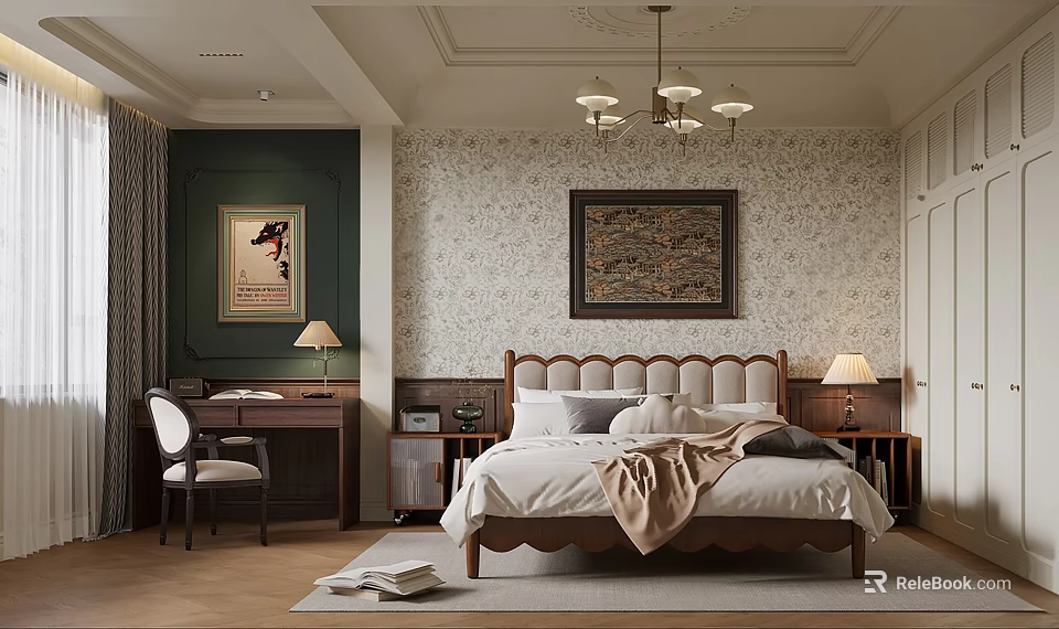 Elegant Classic Bedroom Interior With Upholstered Bed Patterned Wallpaper Decorative Ceiling And Chandelier 3d model 