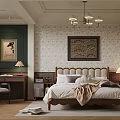 Elegant Classic Bedroom Interior With Upholstered Bed Patterned Wallpaper Decorative Ceiling And Chandelier