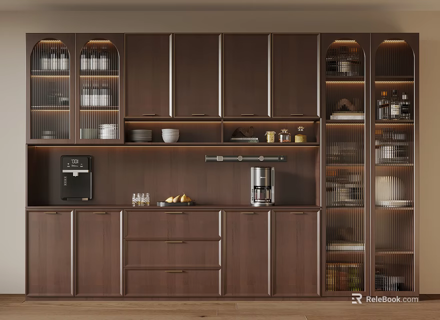 Modern Walnut Sideboard Design With Glass Doors Storage Compartments And Coffee Machine 3d model 
