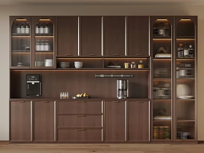 Modern Walnut Sideboard Design With Glass Doors Storage Compartments And Coffee Machine 3d model