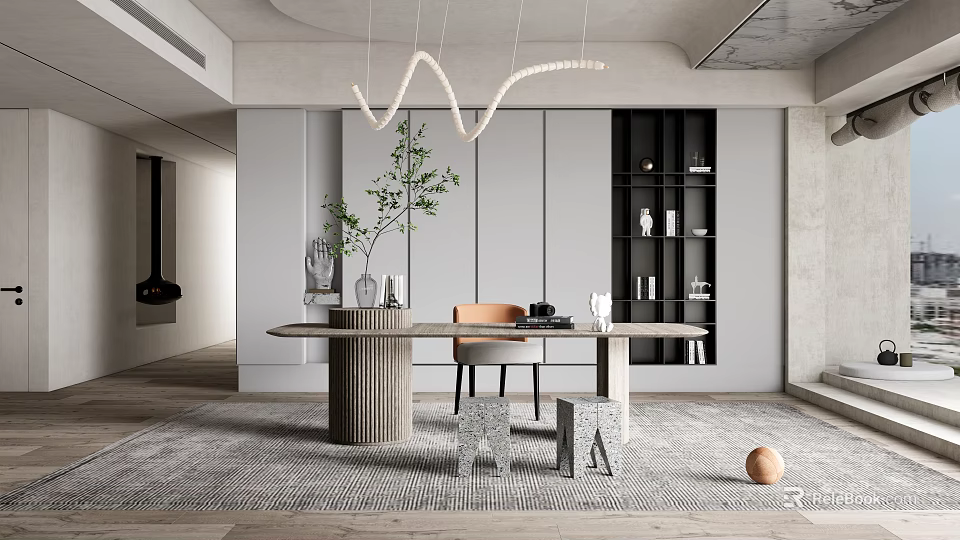 Modern Study Room Interior With Round Desk Chair Bookshelf Pendant Light And Green Plant 3d model 