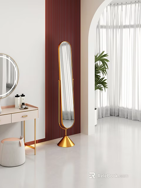 Stylish Full Length Mirror In Modern Interior With Golden Base 3d model 