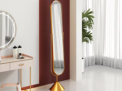 Stylish Full Length Mirror In Modern Interior With Golden Base 3d model