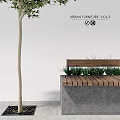 Urban Garden Decor Features With Wooden Bench Green Foliage And Trees On Slate Pavement