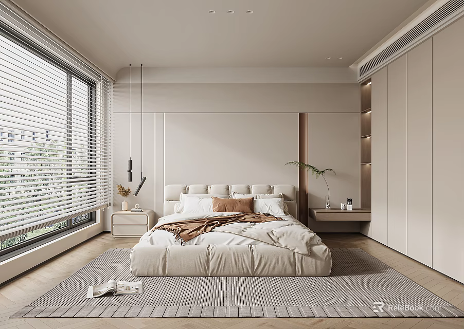 Modern Bedroom With Large Window Blinds Beige Bed Nightstand Lamp Green Plant Rug And Wardrobe 3d model 