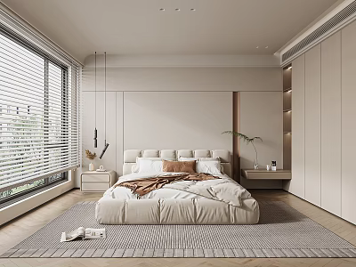Modern Bedroom With Large Window Blinds Beige Bed Nightstand Lamp Green Plant Rug And Wardrobe 3d model