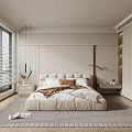 Modern Bedroom With Large Window Blinds Beige Bed Nightstand Lamp Green Plant Rug And Wardrobe