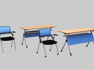 Modern Office Work Desks With Wooden Top Blue Storage And Metal Legs 3d model