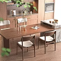 Modern Kitchen Interior With Wooden Island Dining Table Chairs Greenery And Wooden Floor