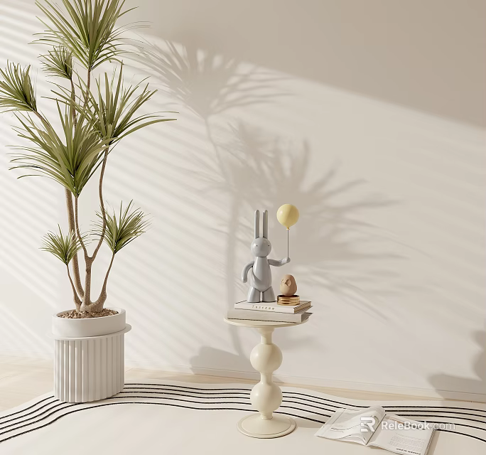 Elegant Side Table with Rabbit Figurine Balloon Books and Potted Plant Against Light Wall Shadows 3d model 